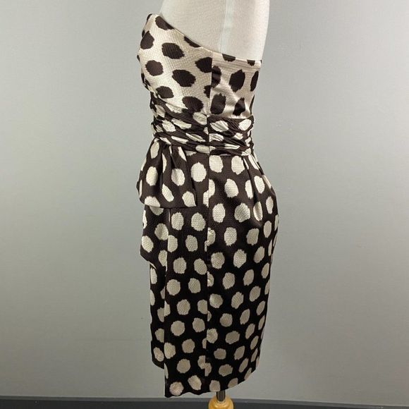 MAX & CLEO Brown Beige Strapless Polka Dot Dress - Picture 4 of 9